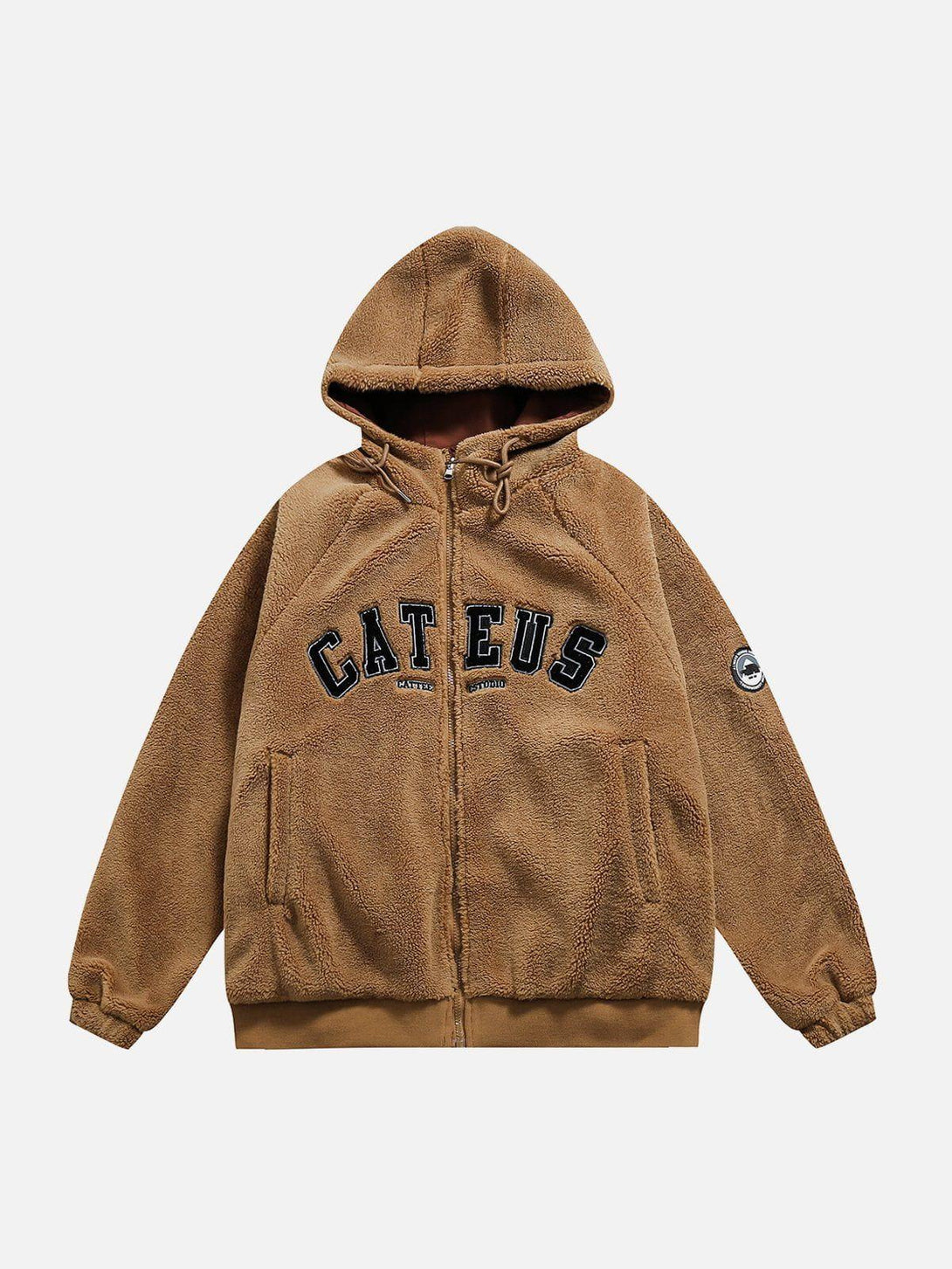 Khaki reversible Sherpa hoodie by TALISHKO, front view showcasing cozy texture and street style.