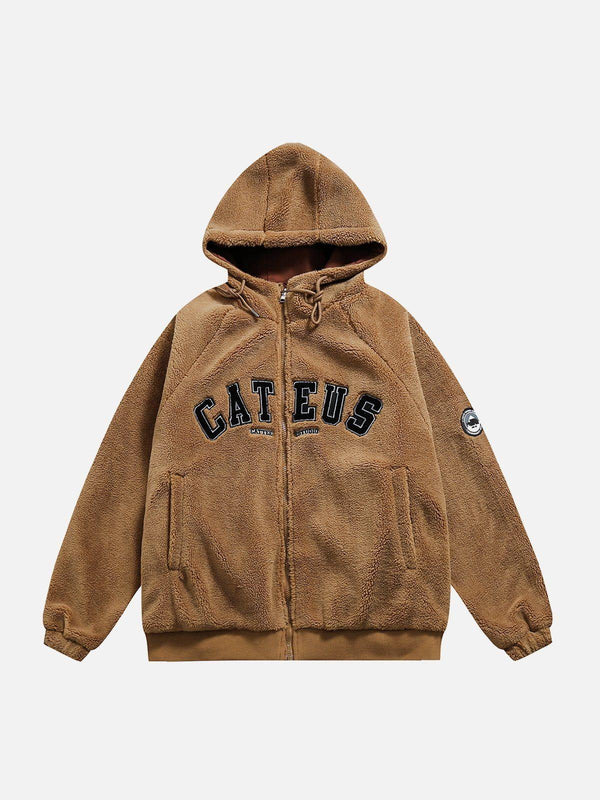 Khaki reversible Sherpa hoodie by TALISHKO, front view showcasing cozy texture and street style.