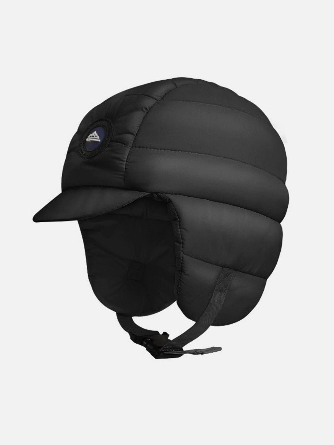 Black ear protection hat by TALISHKO, front view, featuring a quilted design and chin strap.