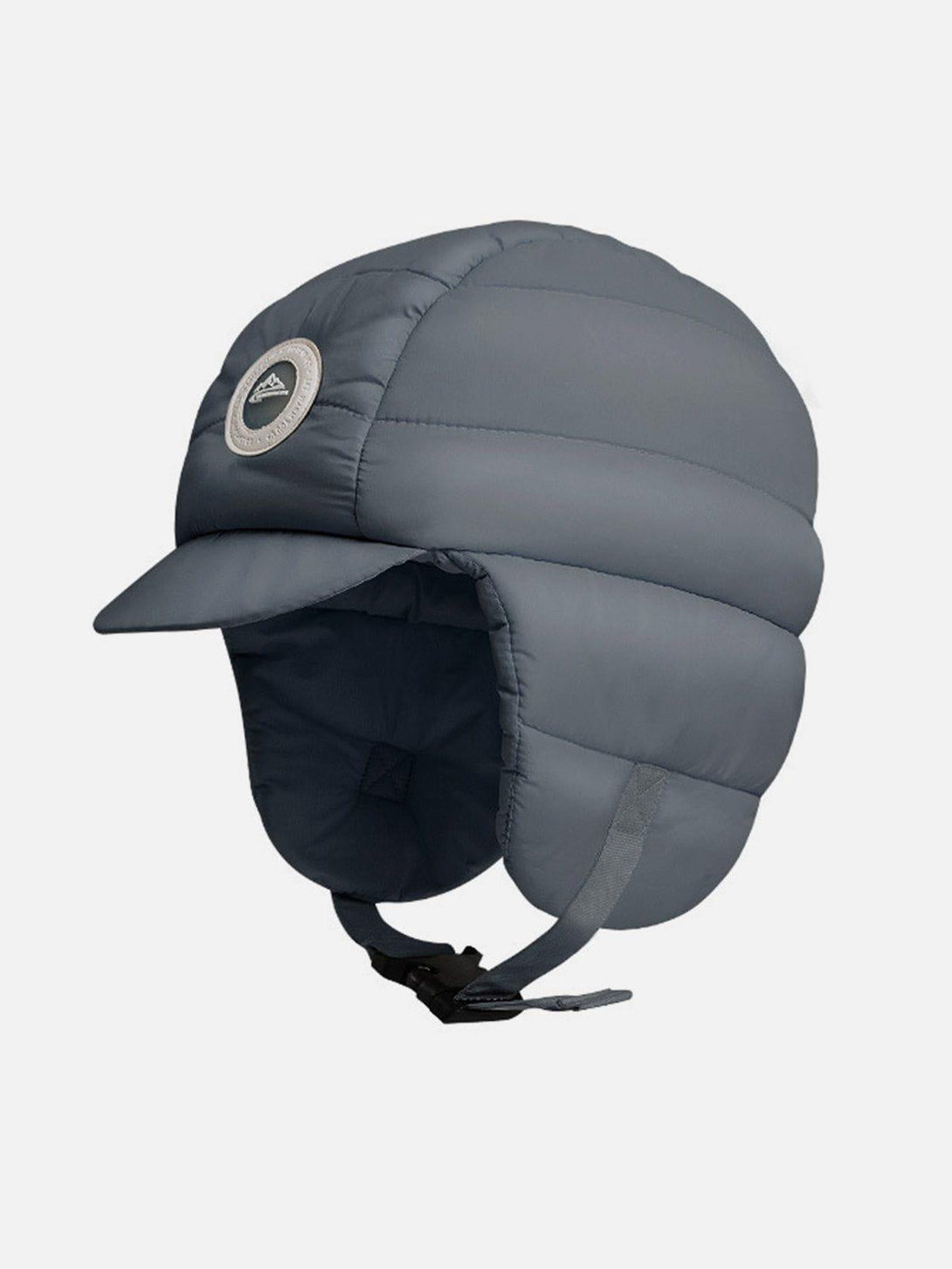Dark gray ear protection hat by TALISHKO, front view, with quilted design and chin strap.