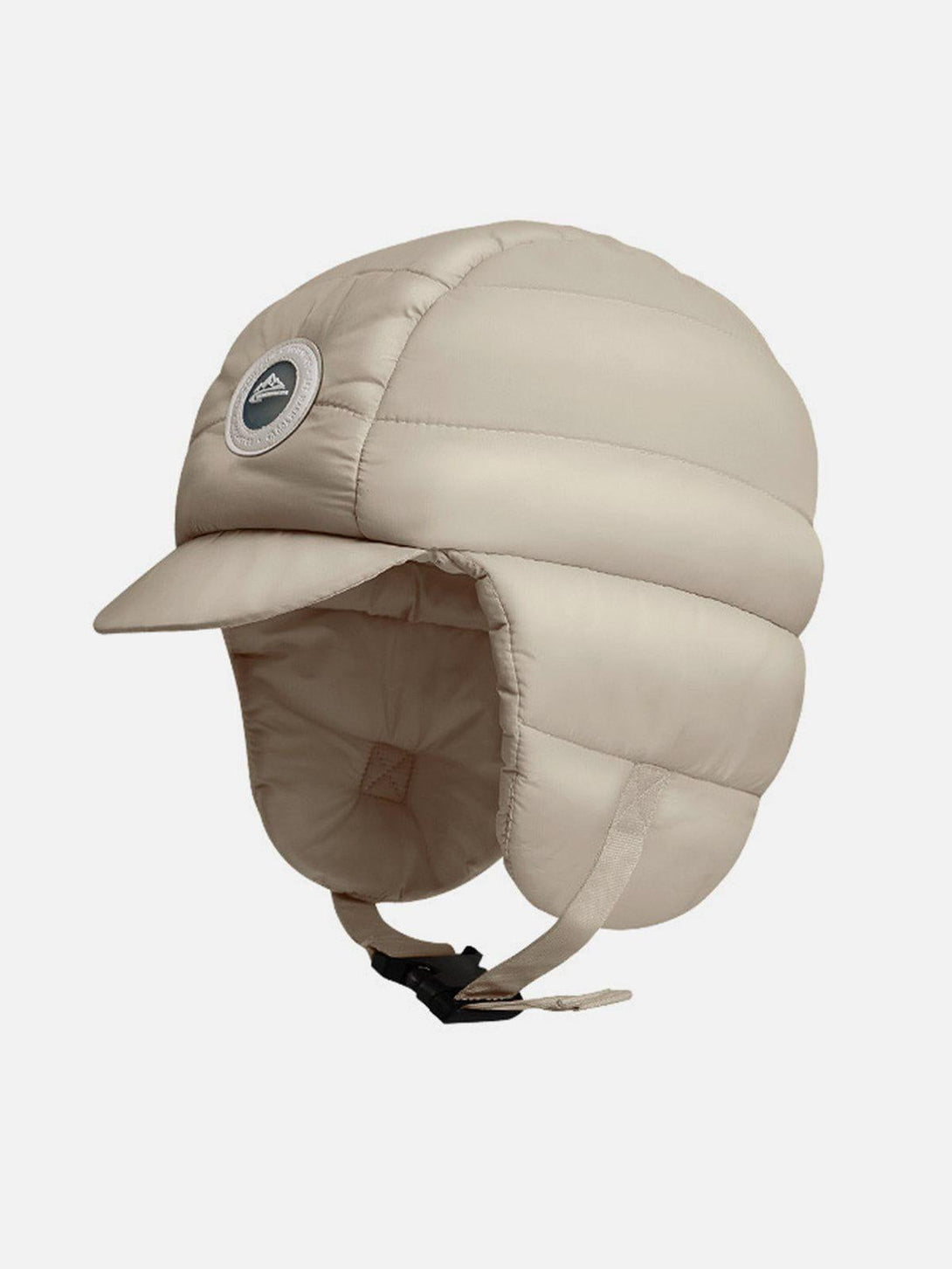 Khaki ear protection hat by TALISHKO, front view, with quilted design and chin strap.
