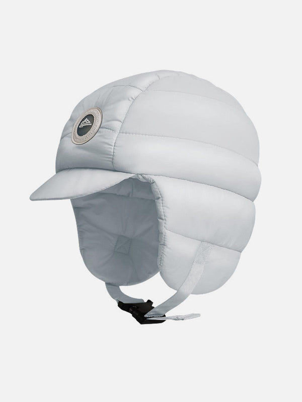 Light gray ear protection hat by TALISHKO, front view, featuring a quilted design and chin strap.