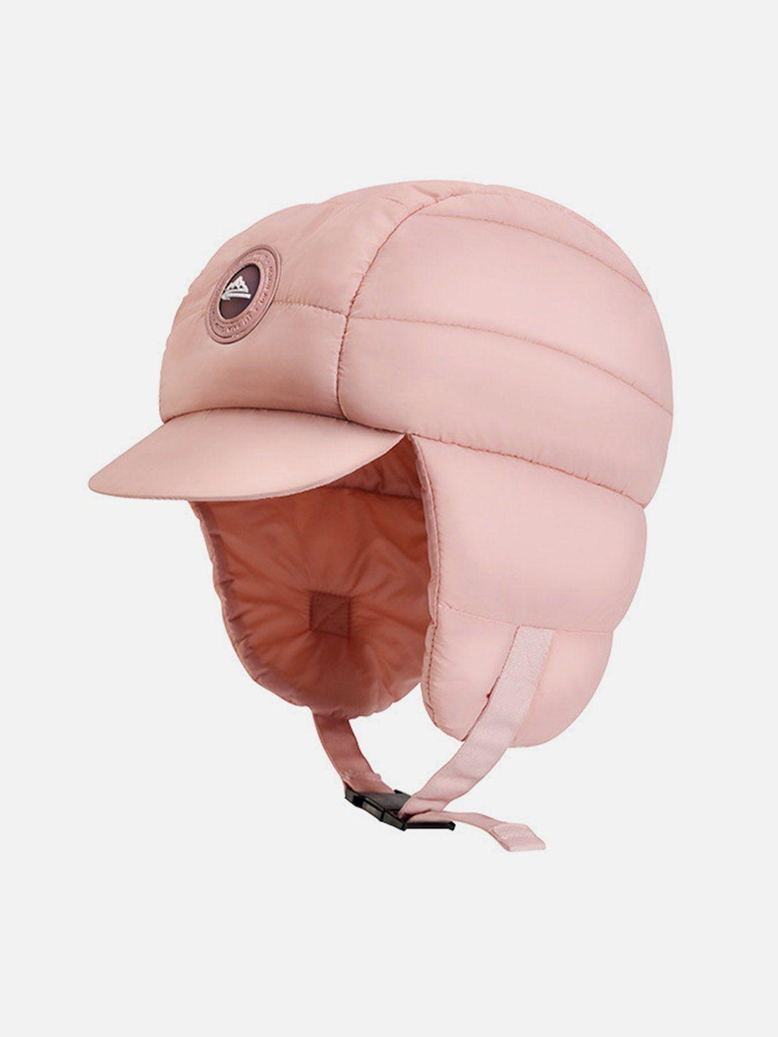 Front view of a pink ear protection hat by TALISHKO, featuring a quilted design and chin strap.