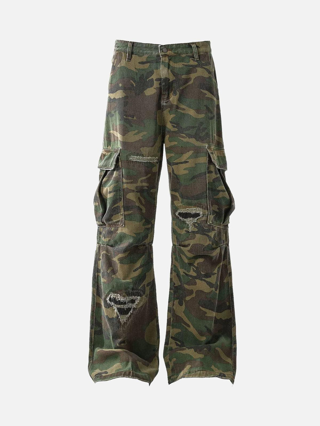 Front view of TALISHKO camouflage flared cargo pants with ripped details for urban style.