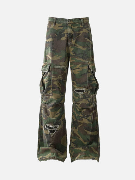 TALISHKO Ripped Camouflage Flared Cargo Pants