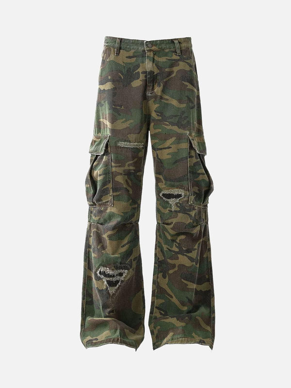 Front view of TALISHKO camouflage flared cargo pants with ripped details for urban style.