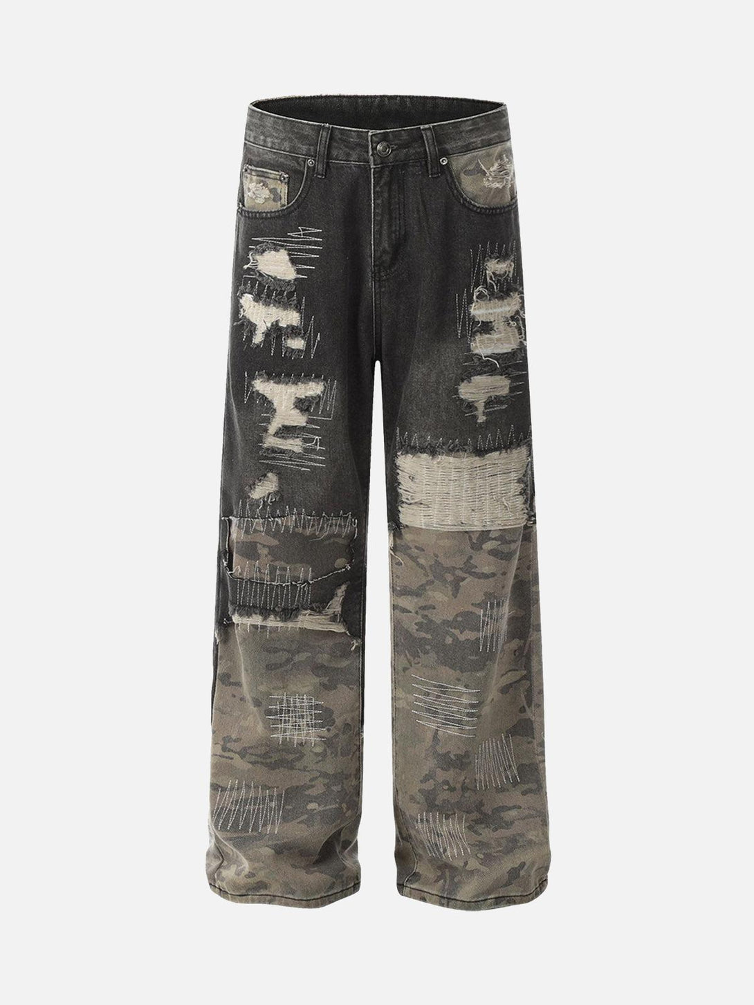 Front view of TALISHKO's black baggy jeans featuring ripped camouflage patchwork design.