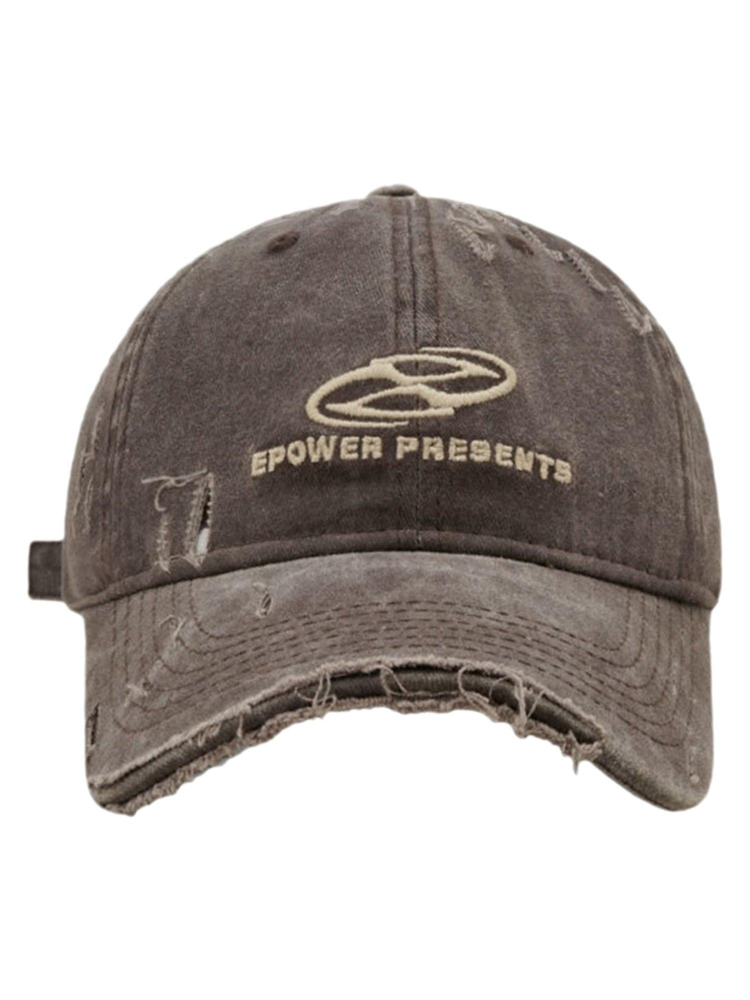 Front view of a distressed brown denim baseball cap by TALISHKO, capturing a casual vibe.