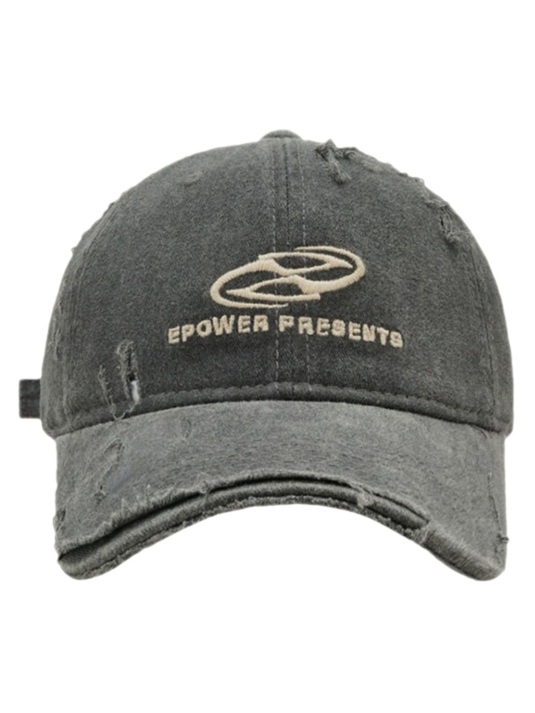 Front view of a dark gray ripped denim baseball cap by TALISHKO, adding a trendy urban touch.