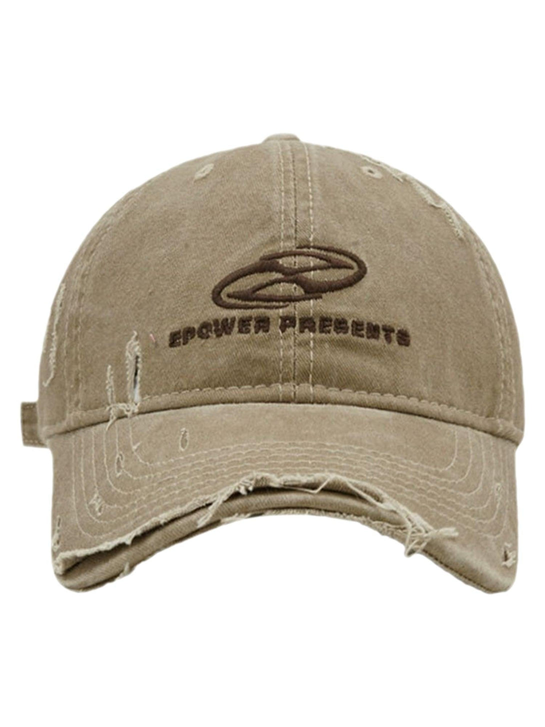 Front view of a khaki ripped denim baseball cap by TALISHKO, offering a relaxed casual look.
