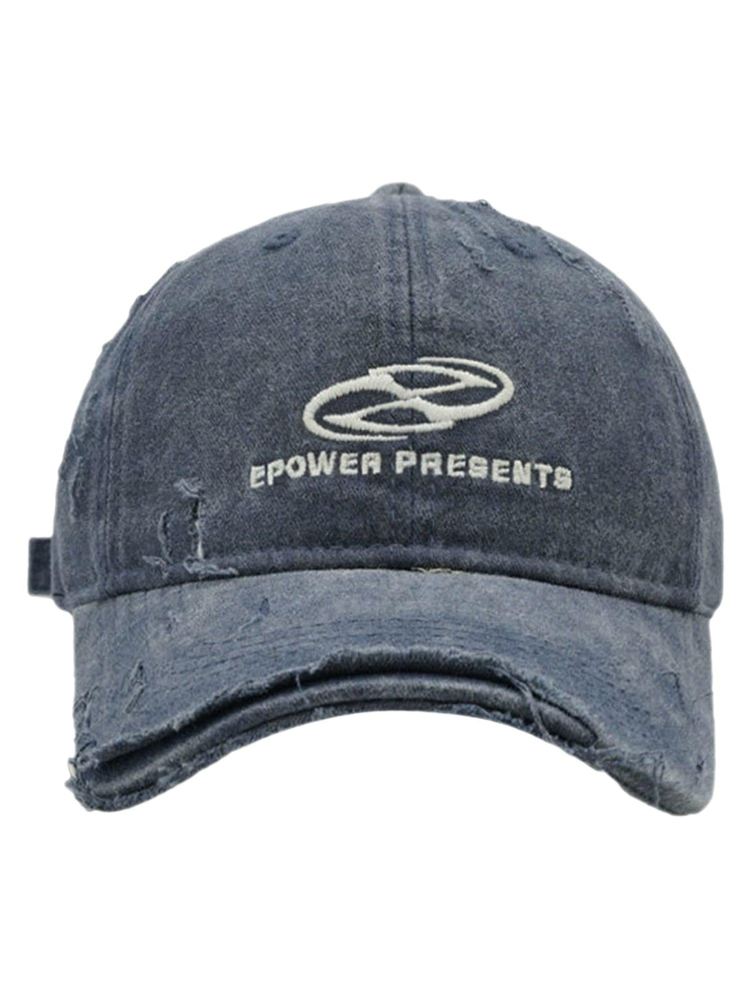 Front view of a navy ripped denim baseball cap by TALISHKO, embodying a relaxed urban style.