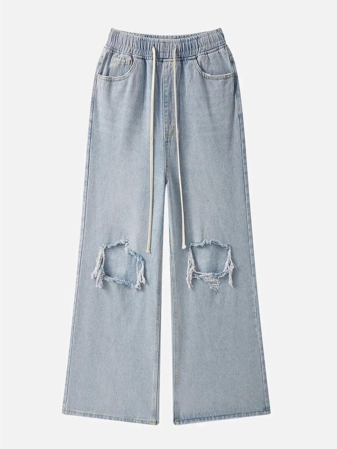 Front view of light blue ripped denim wide-leg pants by TALISHKO, perfect for urban style.