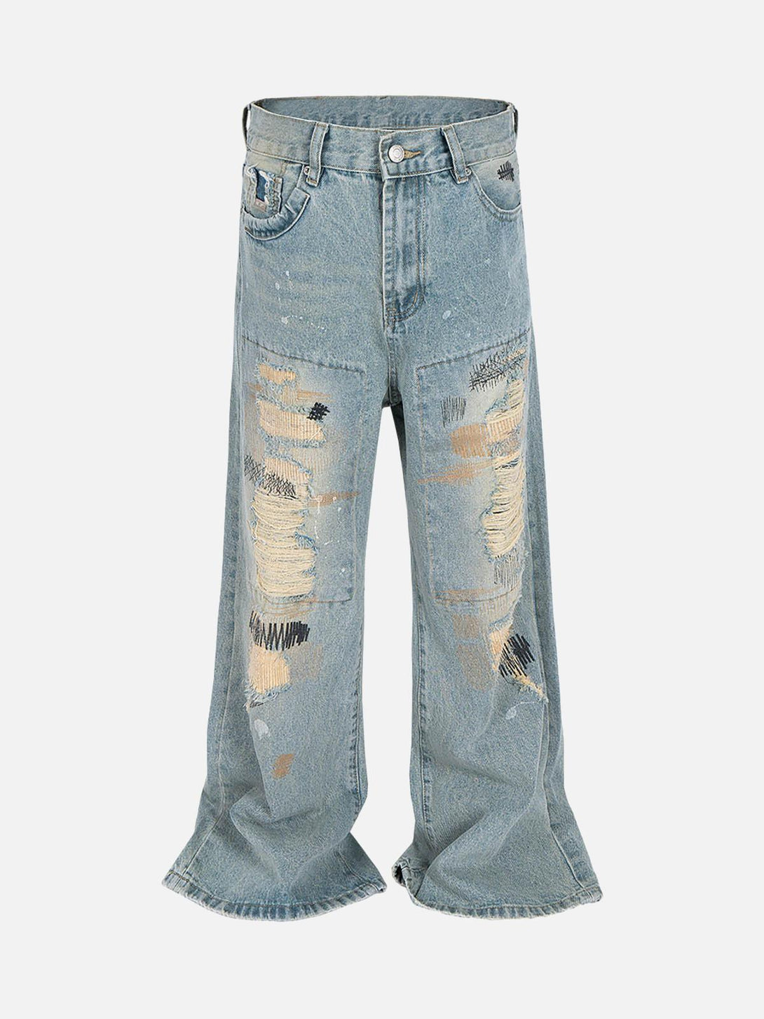 Front view of blue ripped distressed baggy flare jeans by TALISHKO, showcasing unique street style.