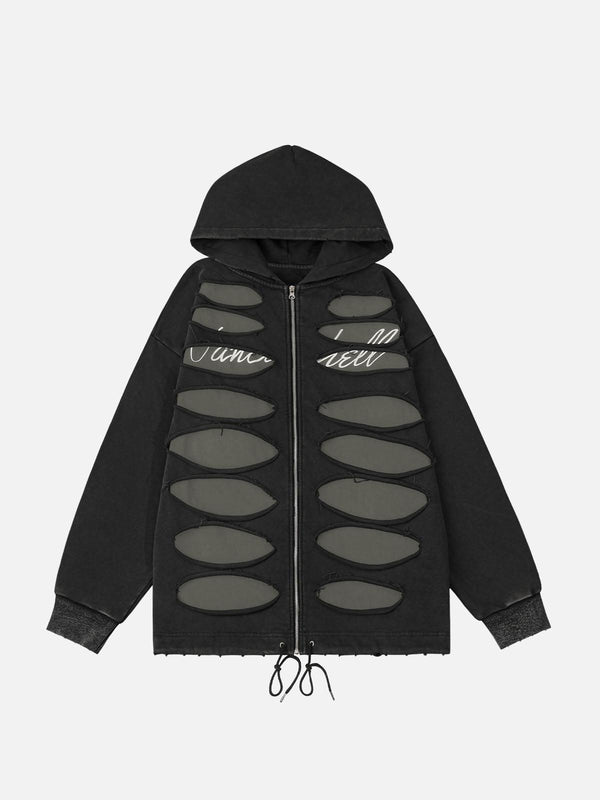 Front view of a black zip-up jacket with ripped details and drawstrings by TALISHKO.