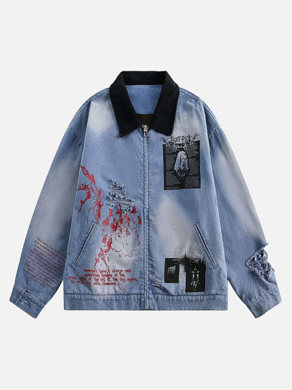 Front view of a blue zip-up denim jacket with graffiti art and rips, designed by TALISHKO.