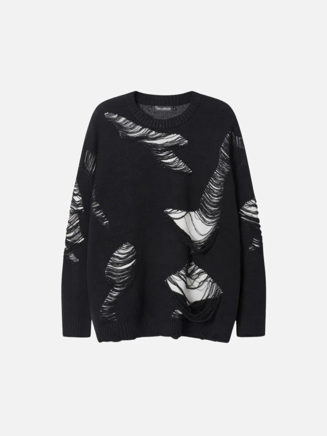 Front view of a black ripped knit sweater by TALISHKO, showcasing a bold, edgy design.