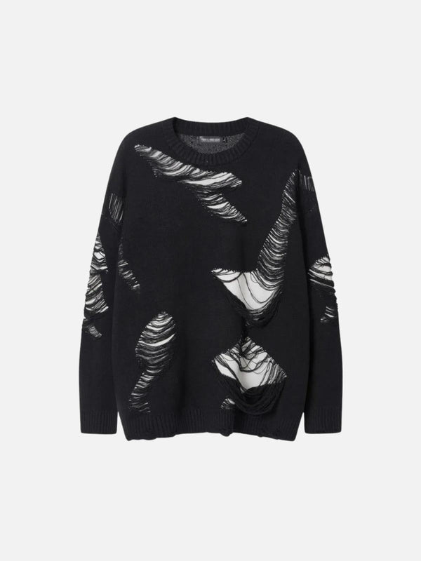 Front view of a black ripped knit sweater by TALISHKO, showcasing a bold, edgy design.