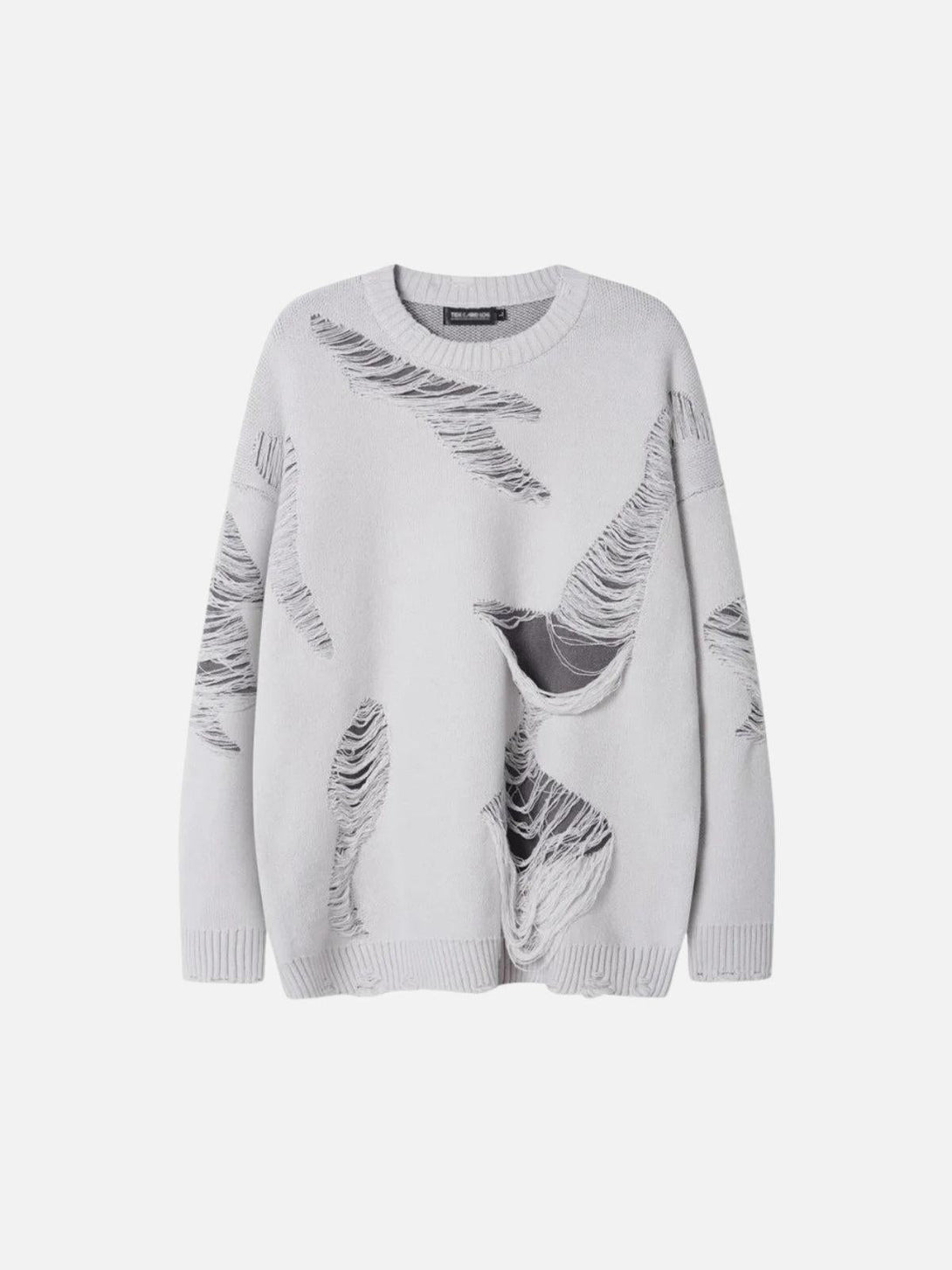 Front view of a gray ripped knit sweater by TALISHKO, featuring a trendy distressed design.