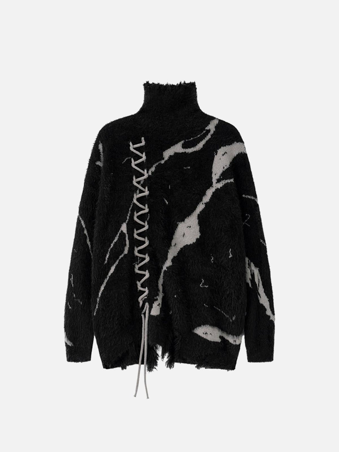 Front view of a black ripped knit turtleneck sweater with lace-up detail by TALISHKO.