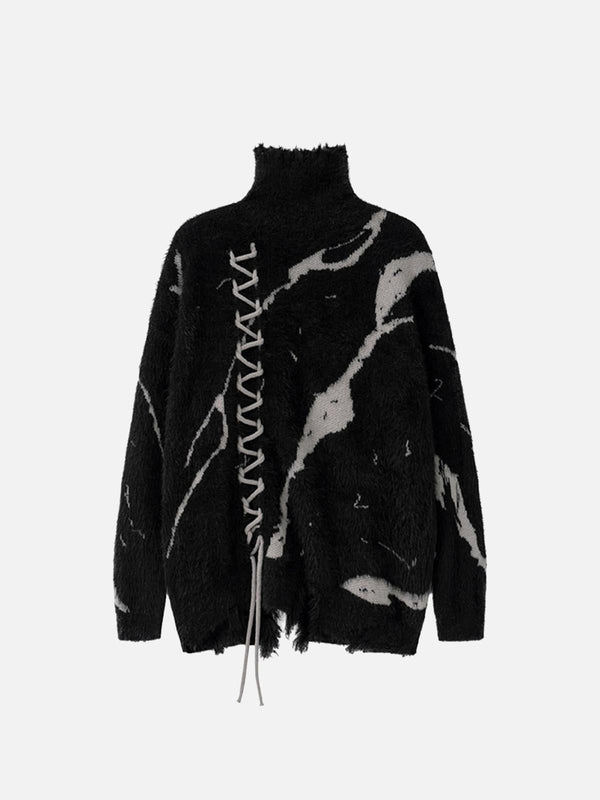 Front view of a black ripped knit turtleneck sweater with lace-up detail by TALISHKO.