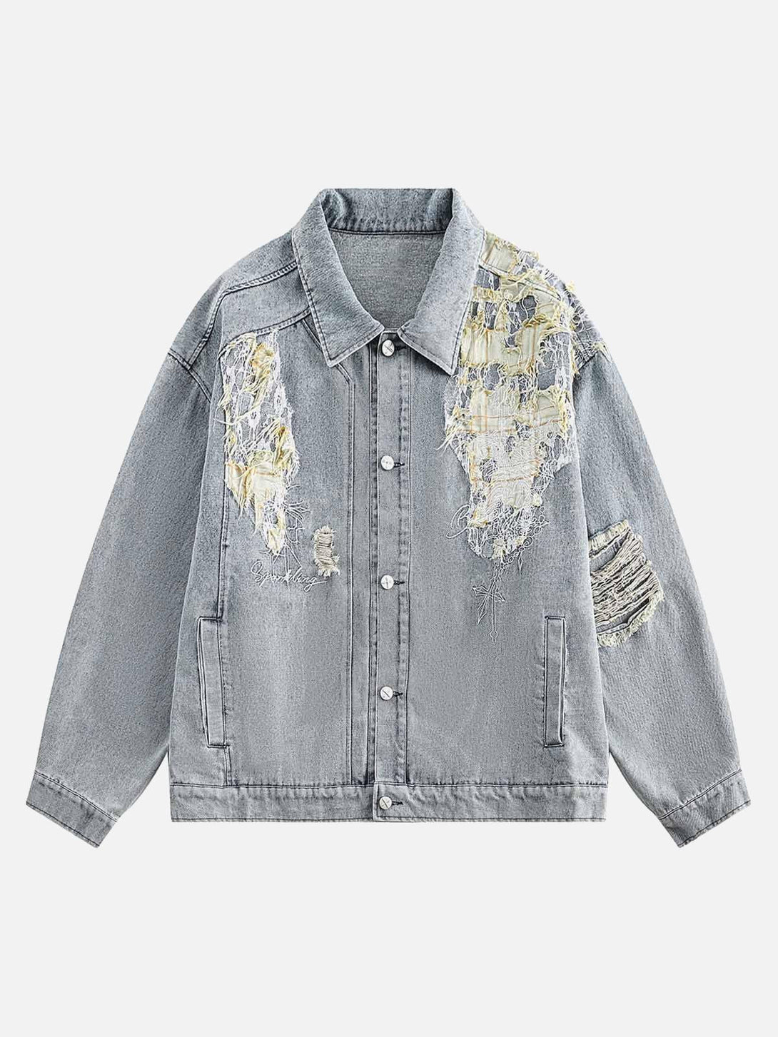 Front view of a light blue ripped denim jacket with lace panel detailing by TALISHKO.