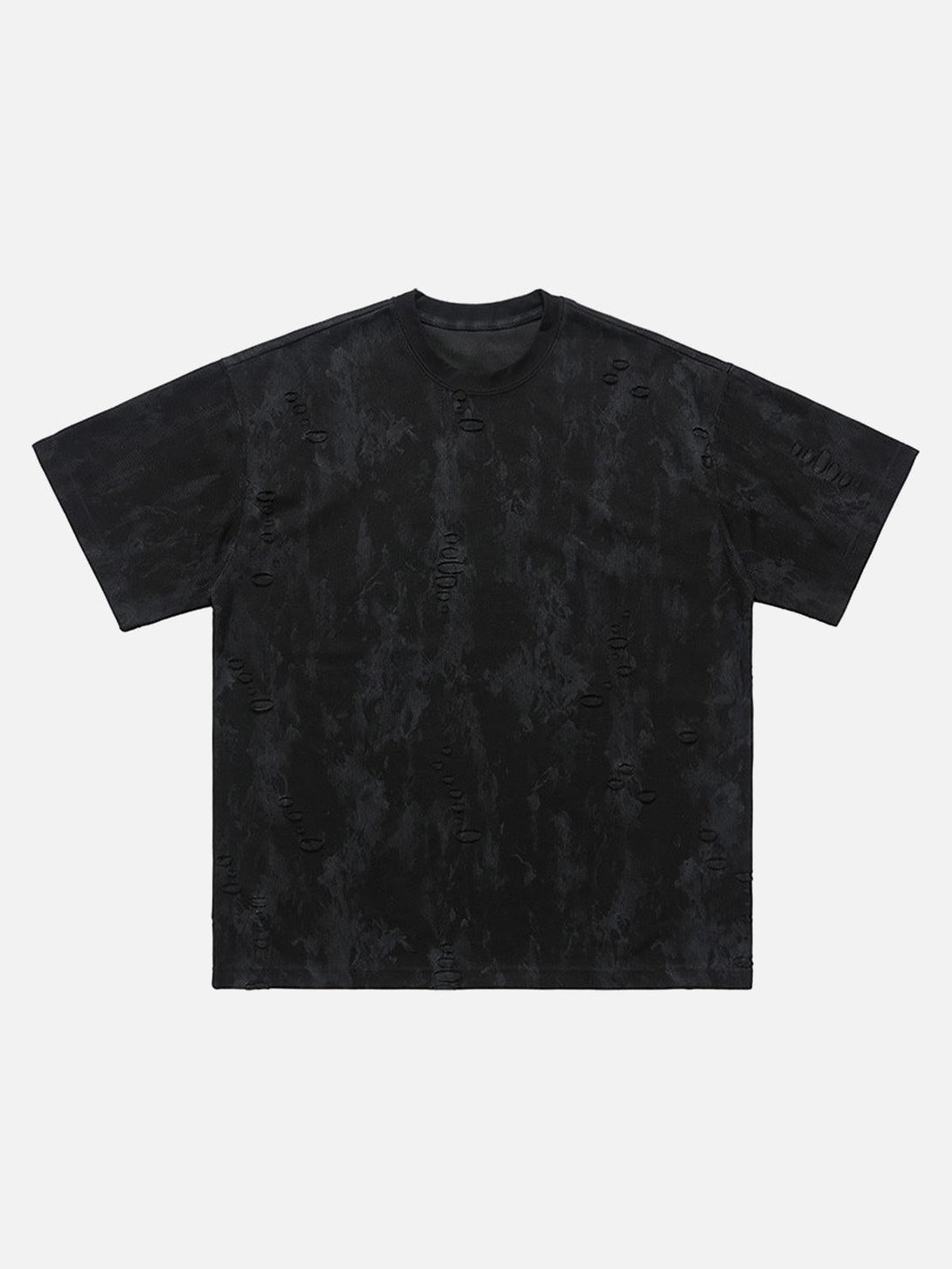 Front view of a black ripped tie-dye T-shirt by TALISHKO, highlighting its bold design.