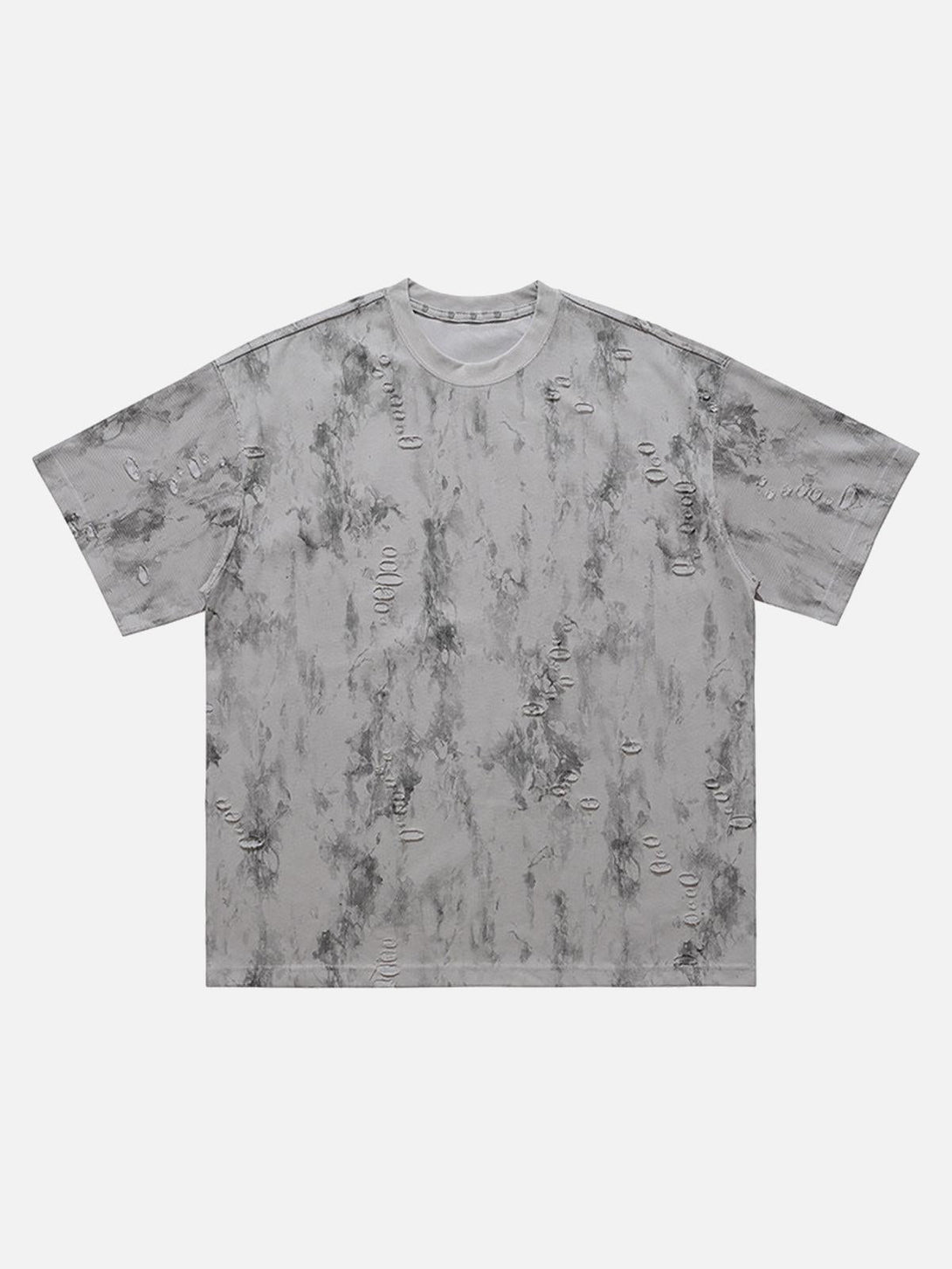 Front view of a gray ripped tie-dye T-shirt by TALISHKO, showcasing its unique texture.