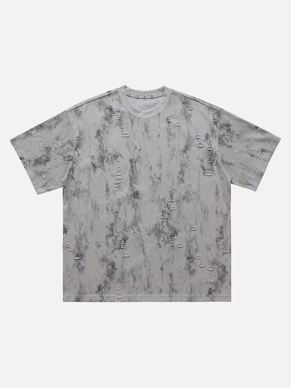 Front view of a gray ripped tie-dye T-shirt by TALISHKO, showcasing its unique texture.