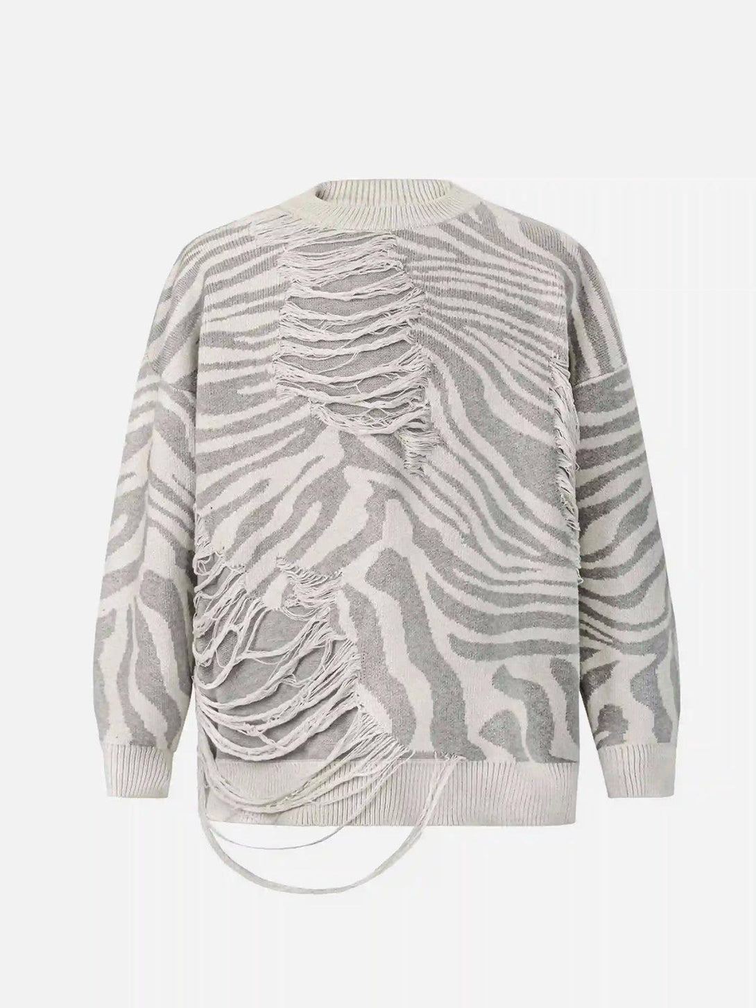 Front view of apricot zebra-pattern sweater with ripped details, crafted by TALISHKO.