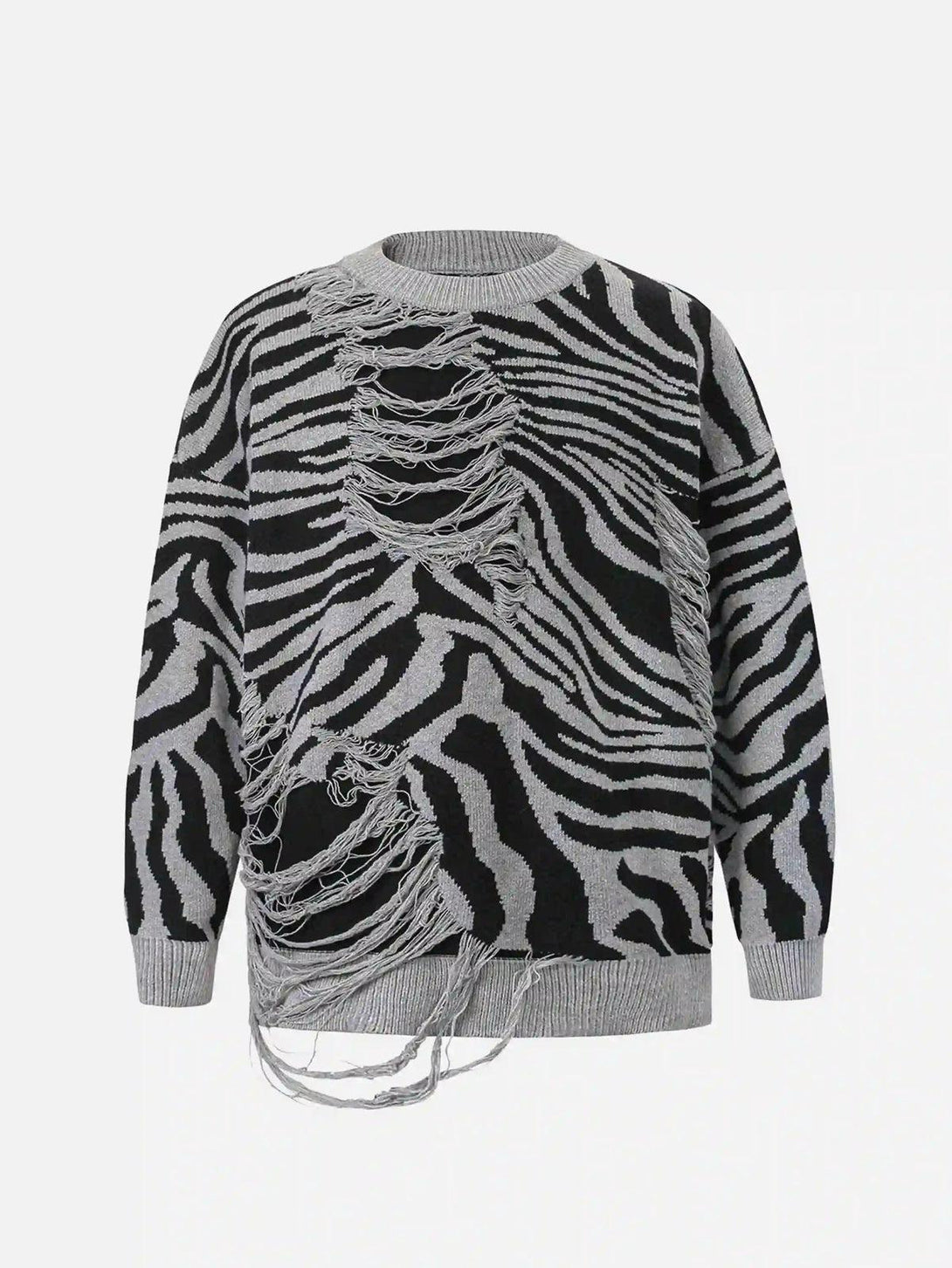 Front view of a black zebra pattern sweater with ripped details by TALISHKO, perfect for edgy style.