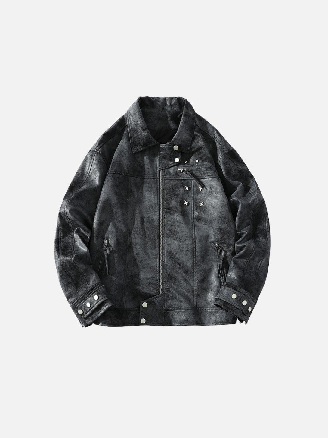 Front view of a black faux leather jacket by TALISHKO with rivet accents for urban style.