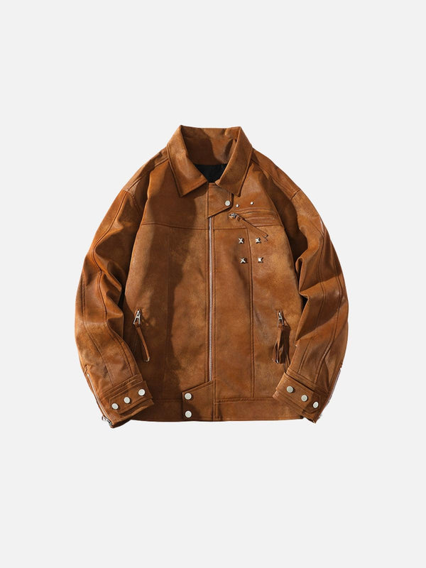 Front view of a coffee-colored faux leather jacket by TALISHKO with rivet details, perfect for urban style.