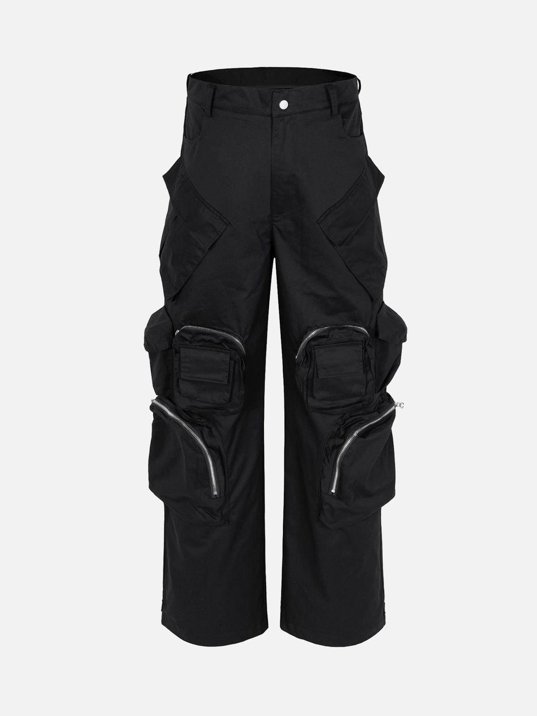 Front view of black multi-pocket cargo pants by TALISHKO, perfect for functional street style.