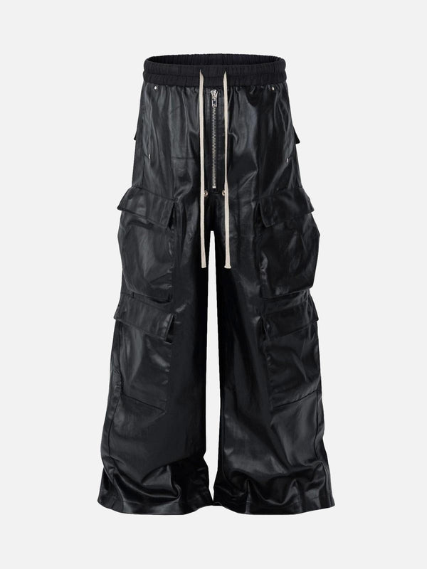 Front view of black matte coated overalls with multiple pockets by TALISHKO, ideal for urban style.