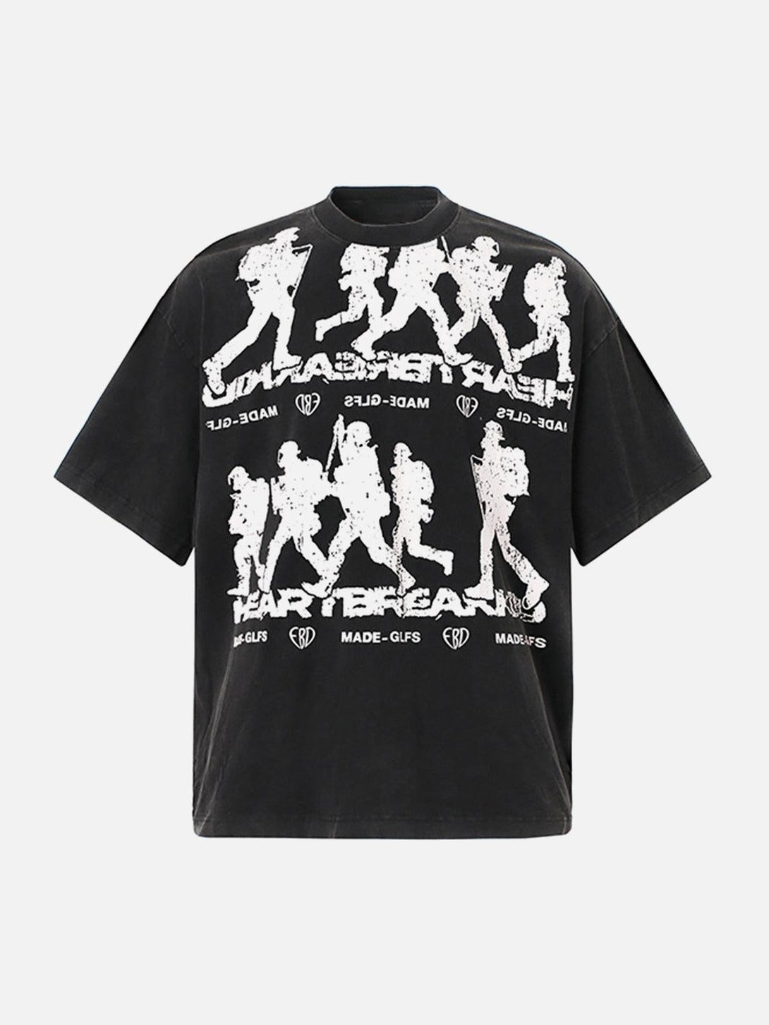 Front view of a black retro letter print T-shirt by TALISHKO, featuring a rock-inspired design.