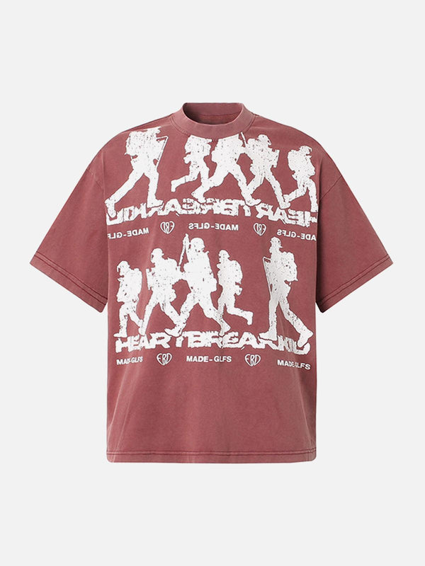 Front view of a red retro letter print T-shirt by TALISHKO, featuring a rock-inspired design.