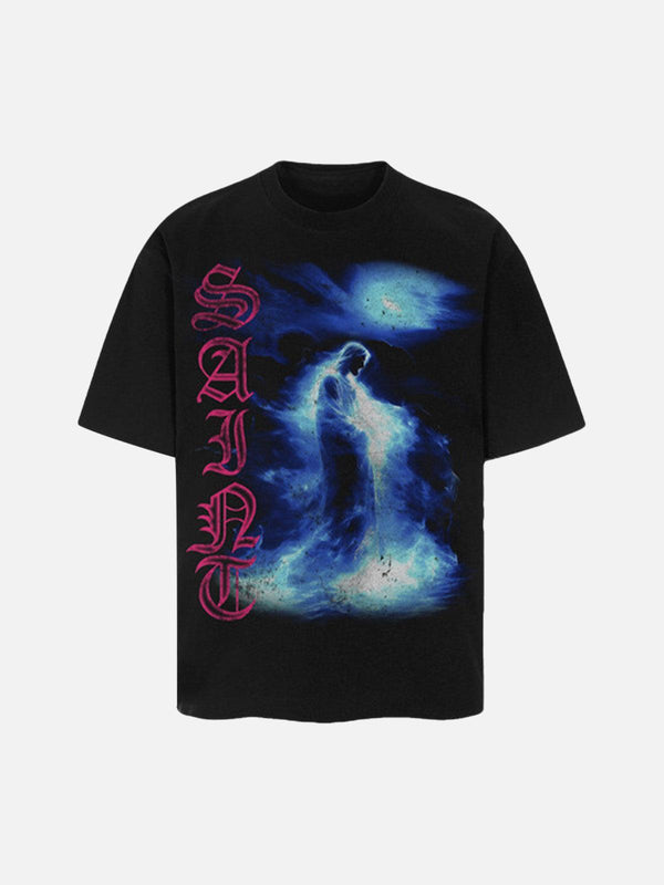 Front view of black "SAINT" graphic T-shirt by TALISHKO, featuring a vibrant blue design.