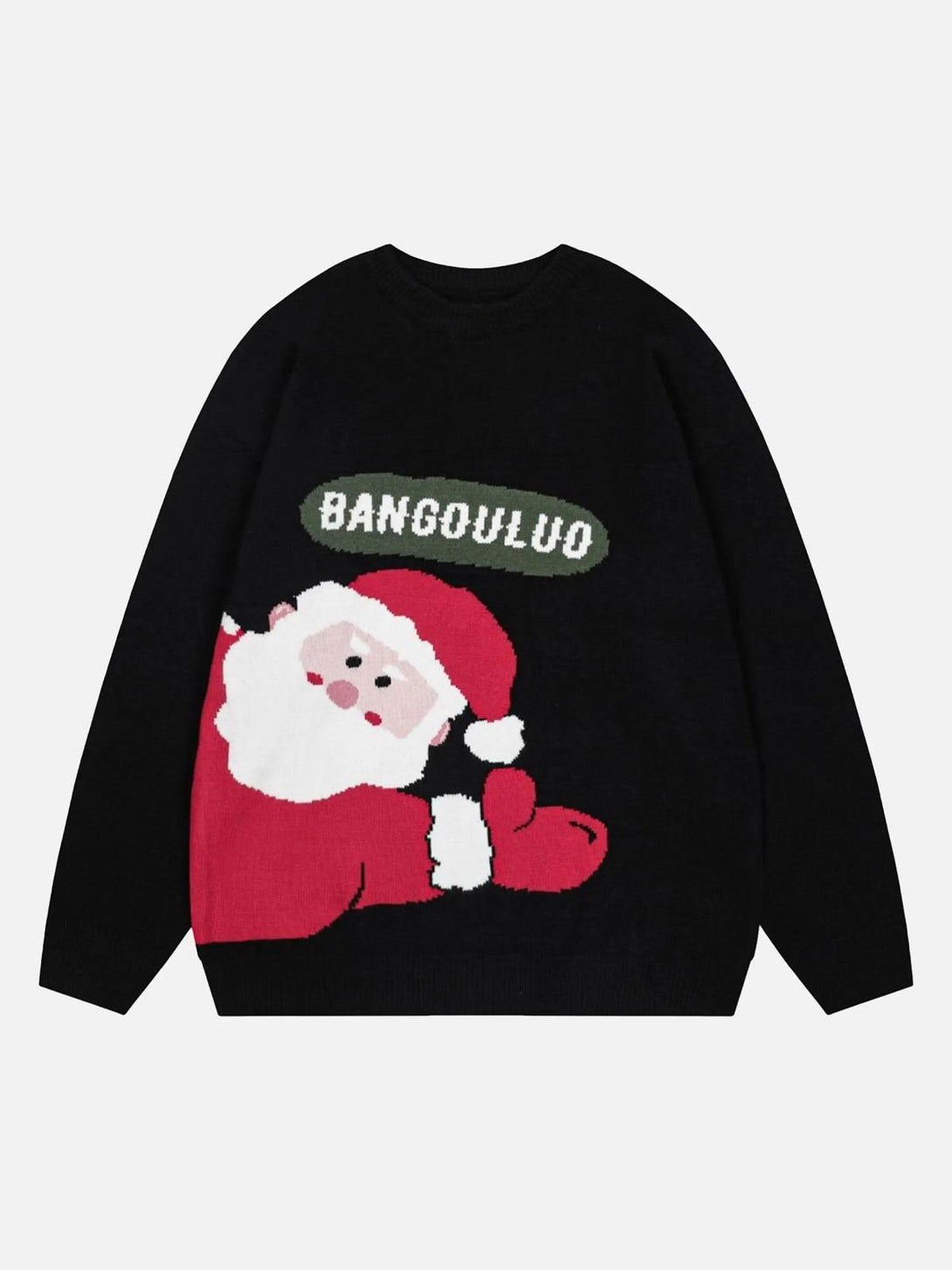 Black Santa crewneck sweater by TALISHKO, front view showcasing a charming festive design.