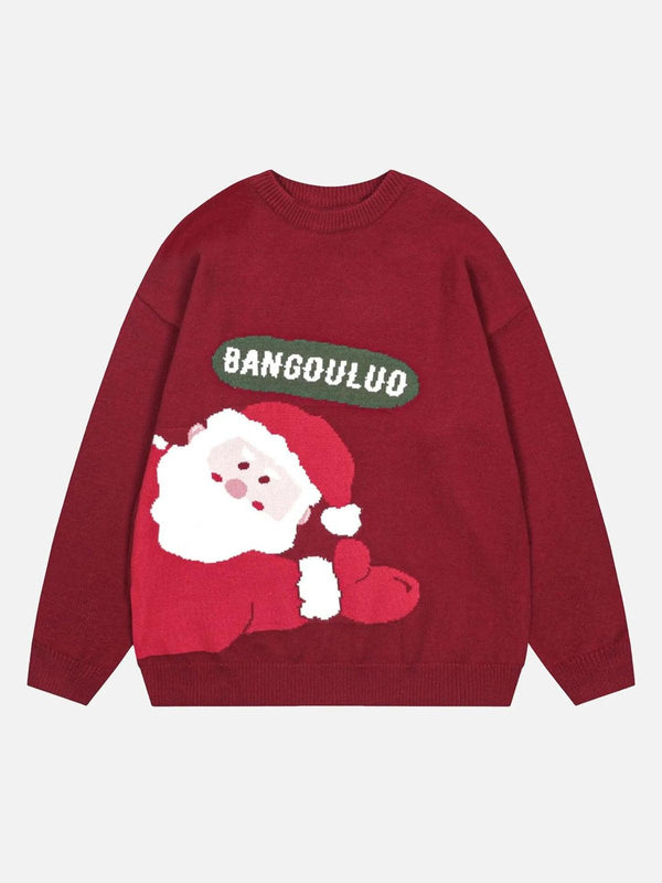 Cozy red Santa crewneck sweater by TALISHKO, front view with playful festive design.