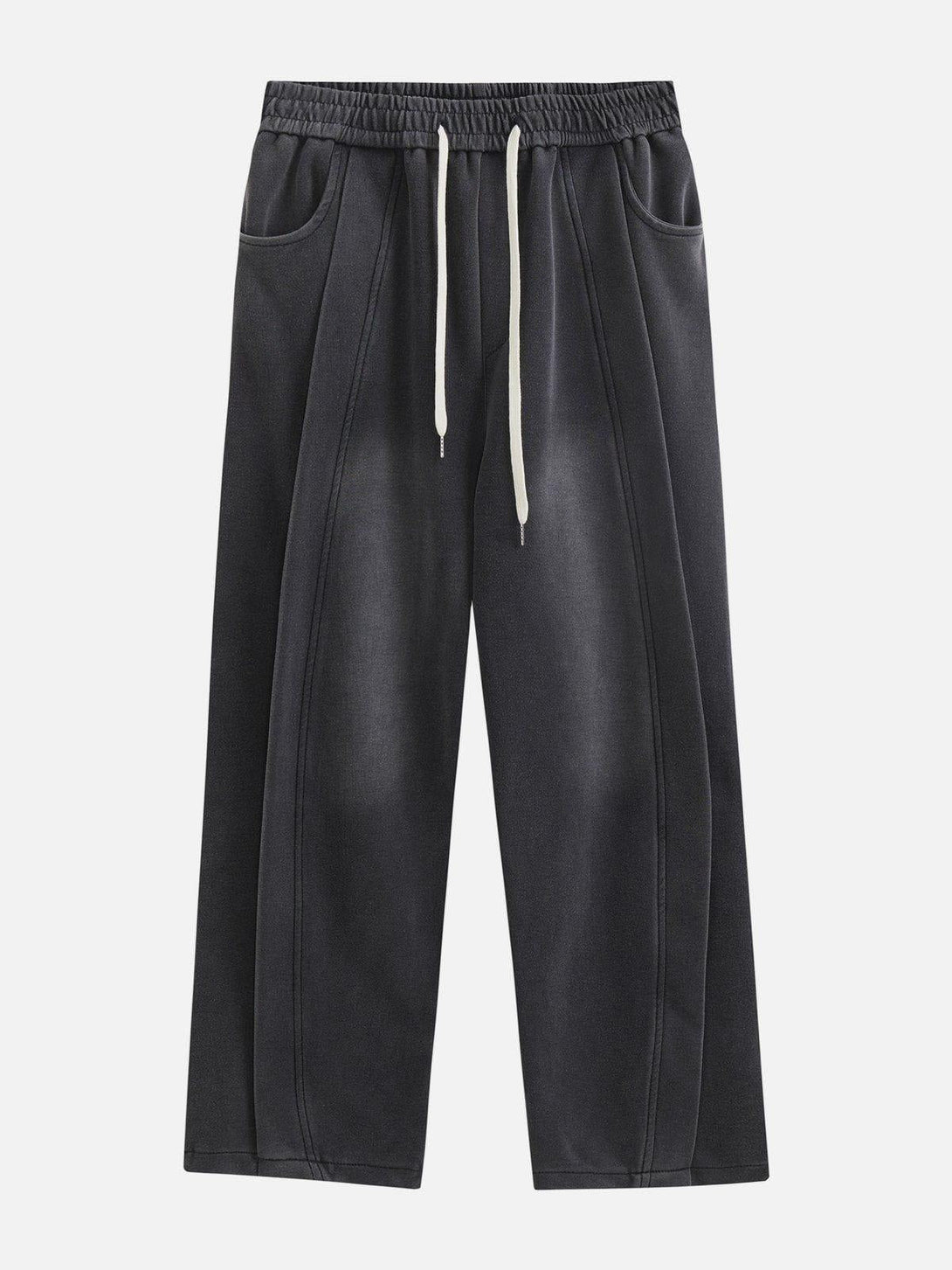 Dark gray sweatpants by TALISHKO in a front view, featuring patchwork details and drawstring waist.