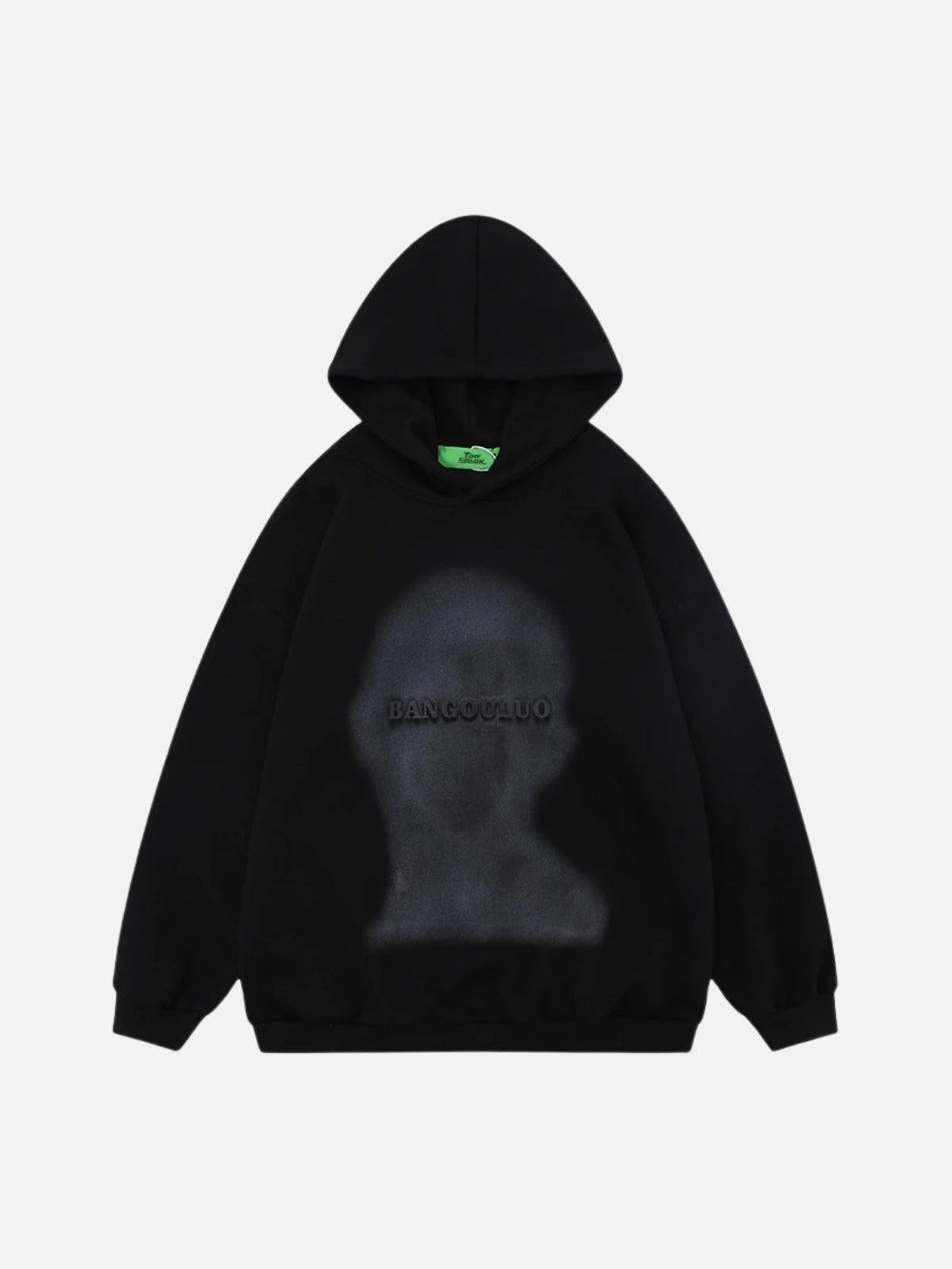 Front view of a black shadow graphic print hoodie by TALISHKO, perfect for urban style.