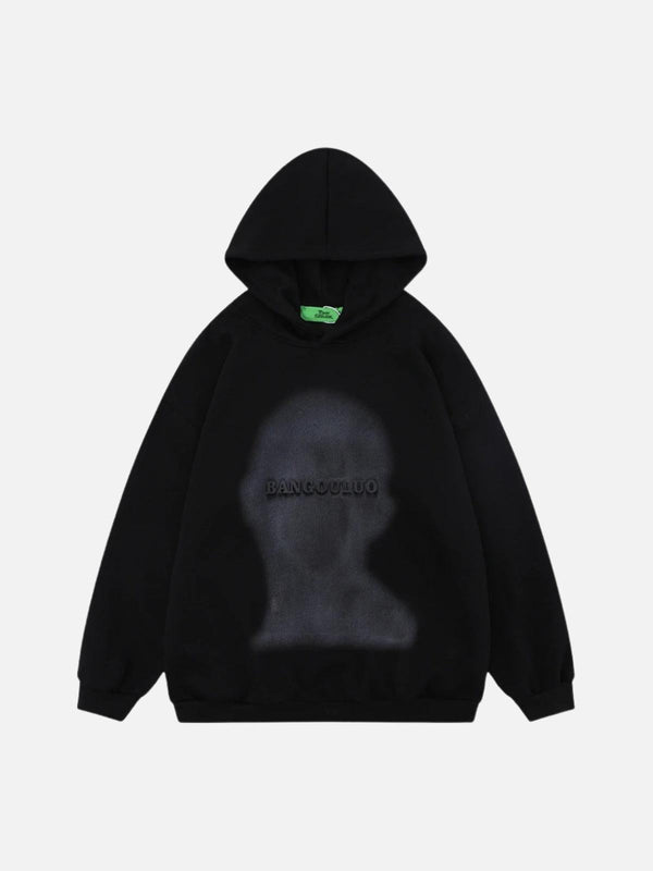 Front view of a black shadow graphic print hoodie by TALISHKO, perfect for urban style.