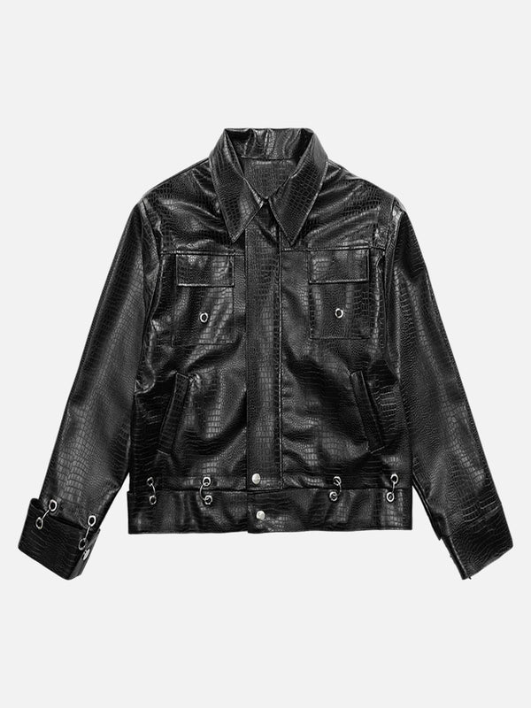Front view of a black shoulder pad PU leather jacket by TALISHKO, showcasing edgy street style.