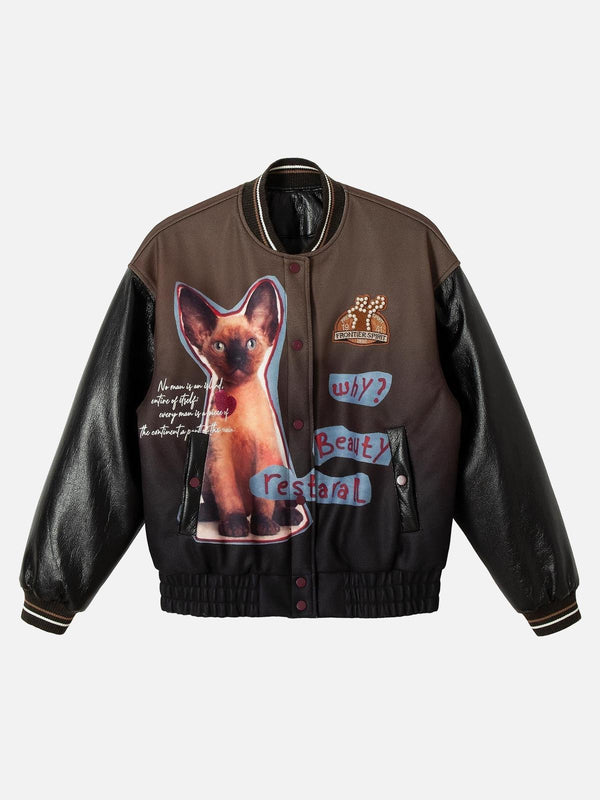 Front view of a coffee leather bomber jacket featuring a Siamese cat design by TALISHKO.
