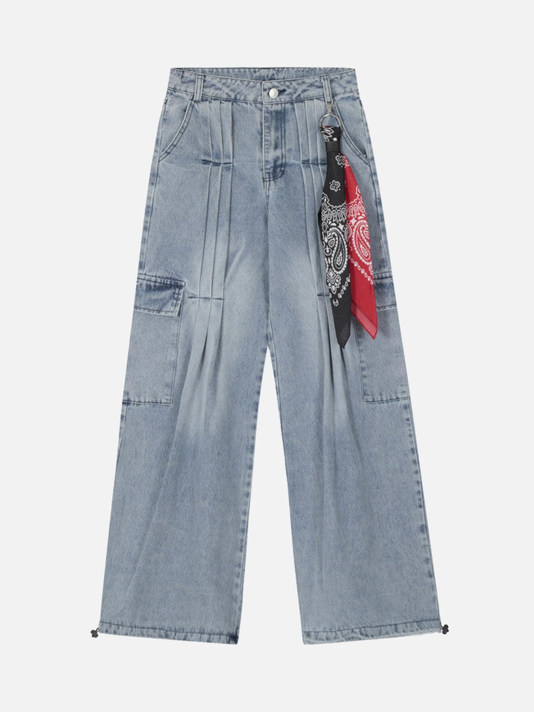 Front view of TALISHKO light blue pleated baggy jeans with side scarf accent for urban style.
