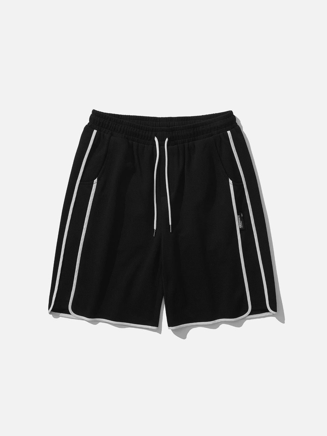 Black side stripe shorts by TALISHKO, front view showcasing sleek design and style.