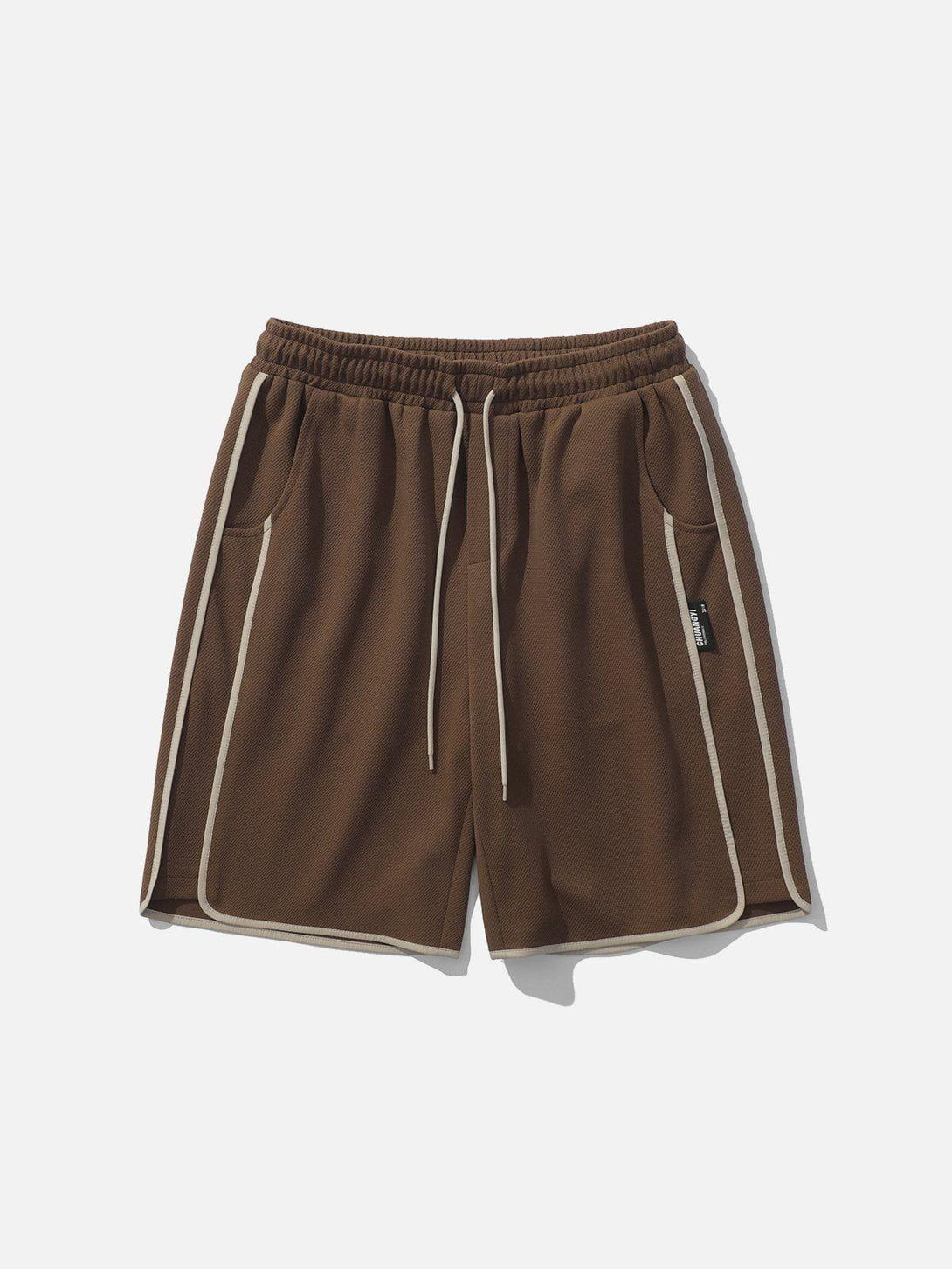 Front view of coffee-colored side stripe shorts by TALISHKO, ideal for casual summer looks.