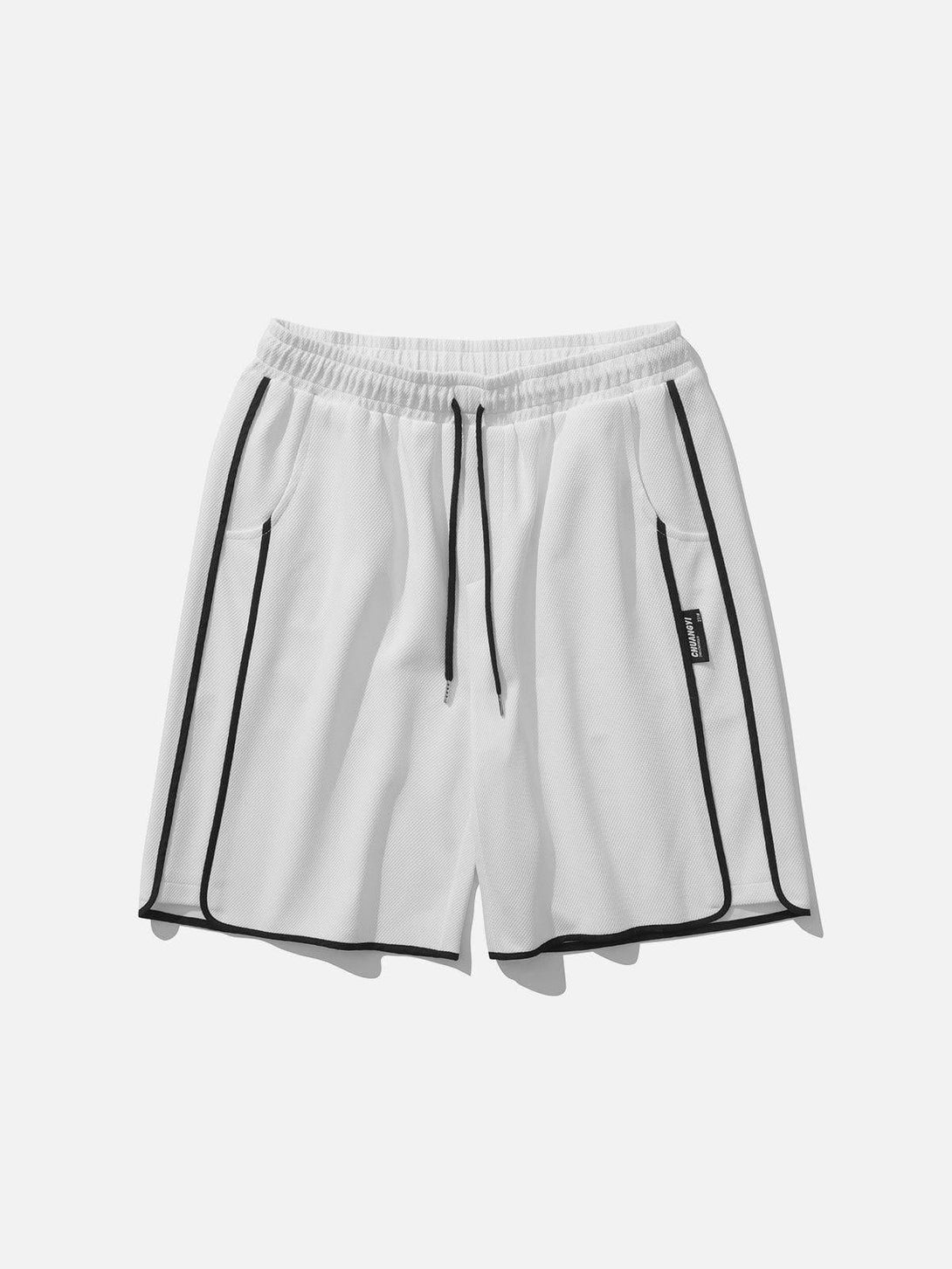 Front view of white side stripe shorts by TALISHKO, highlighting casual summer style.