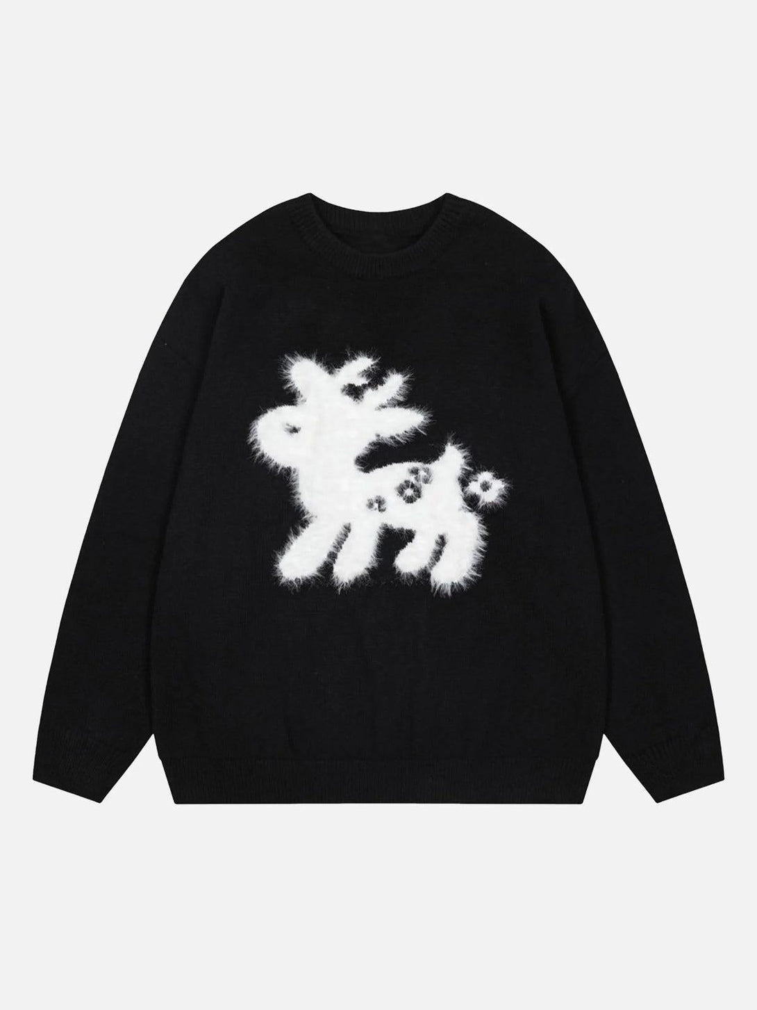 Front view of a black crew neck sweater by TALISHKO, featuring a white sika deer design.