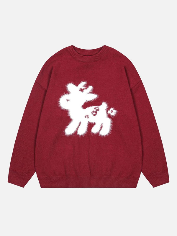 Front view of a red crew neck sweater by TALISHKO, featuring a white sika deer design.